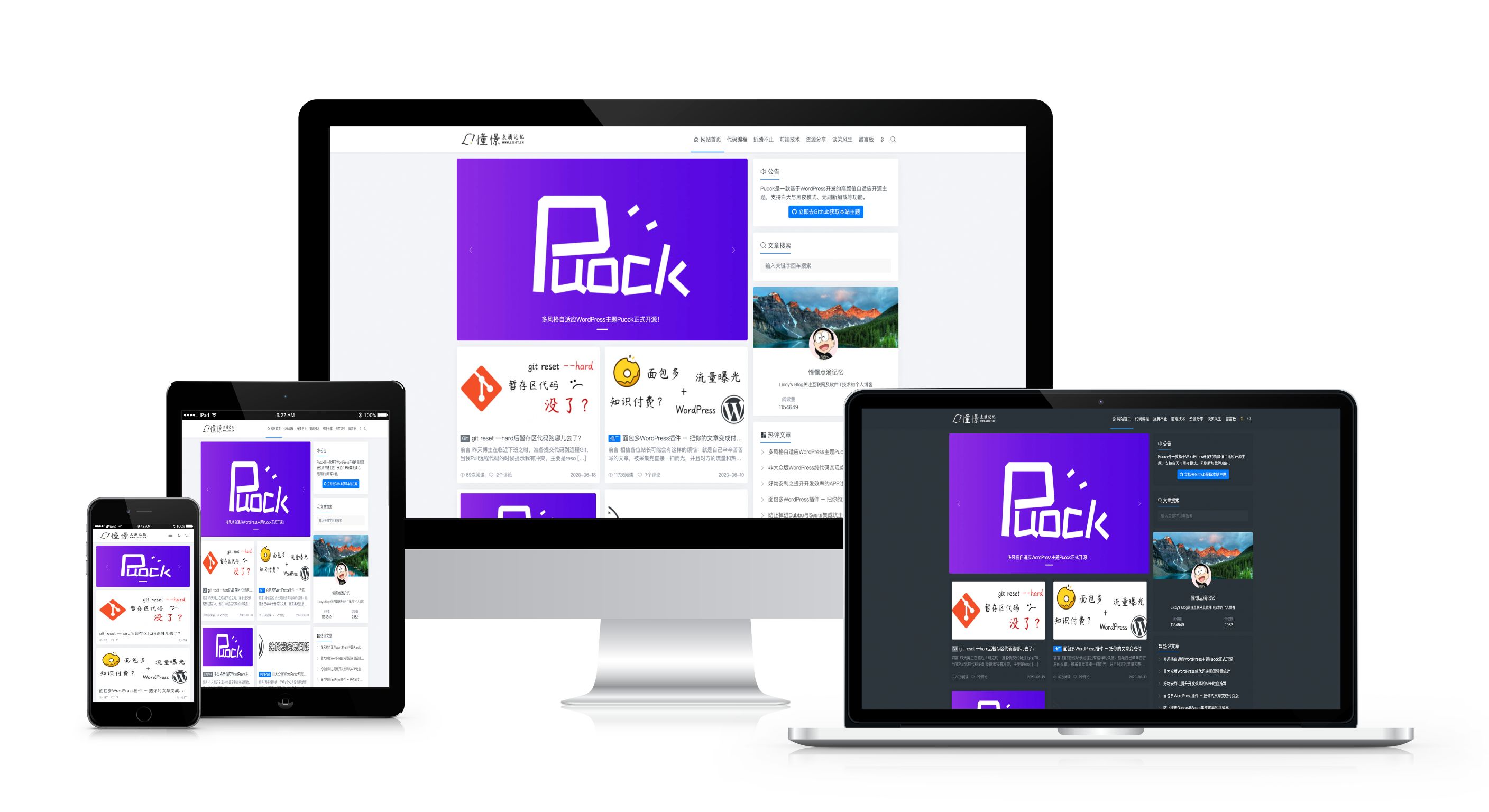 WordPress 高颜值自适应主题：Puock 2.8.16（白天/暗黑模式、无刷新加载、AI/第三方登录支持）